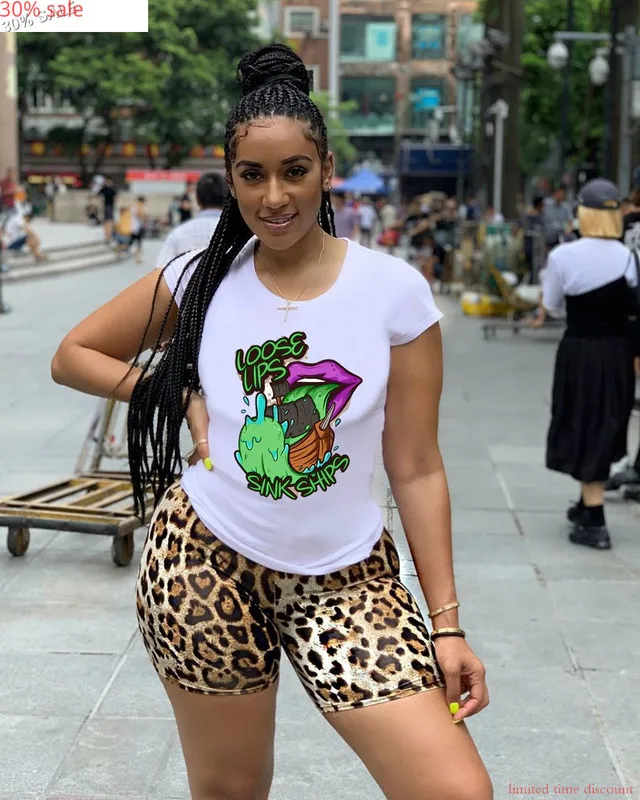 2020 Summer 2 Piece Set Biker Shorts Clothes Women Printed Cartoon T Shirt Tops Leopard Tracksuits Jogger |