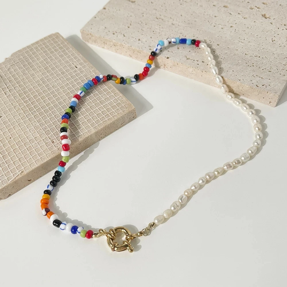 

Ghidbk Trendy Asymmetric Colorful Acrylic Bead Pearl Choker For Women Boho Freshwater Pearl Toggle Clasp Necklaces Party Jewelry