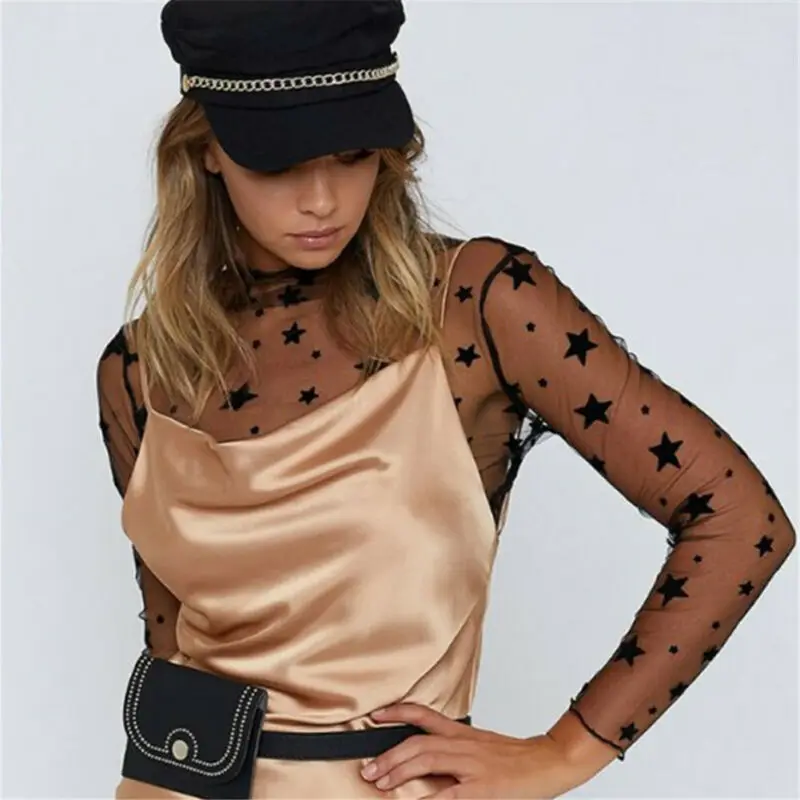Блестящие футболки с принтом звезд Женская Осенняя Сетчатая футболка длинным