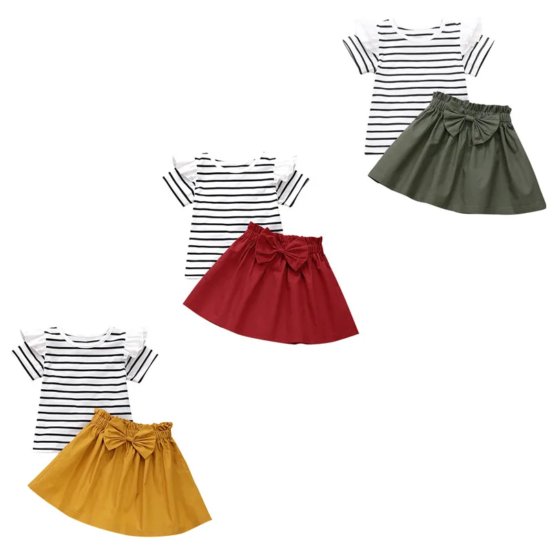 

Комплект из 2 предметов для девочек, мягкая хлопковая футболка в полоску с короткими рукавами + Расклешенная юбка, лето От 1 до 6 лет г., дети де...