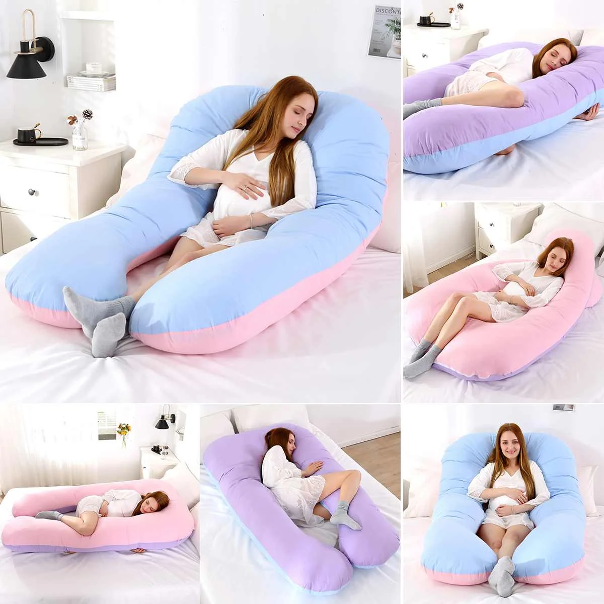 Almohada de apoyo para dormir para mujeres embarazadas, coj&iacute;n de algod&oacute;n puro de maternidad en forma de U para el cuerpo, ropa de cama para dormir de lado durante el embarazo-1