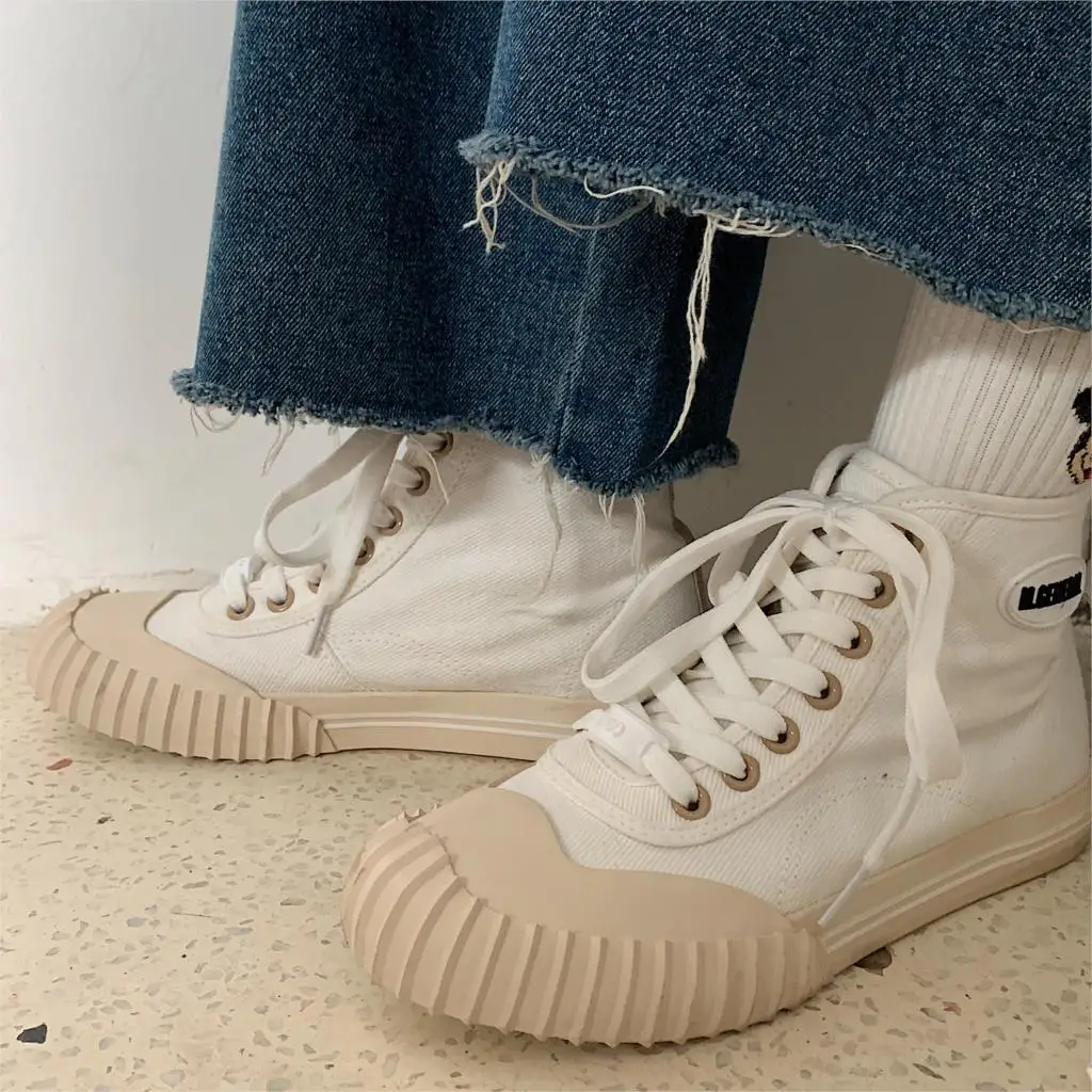 Ins/парусиновая обувь на высоком каблуке Женская черно белая в стиле ретро