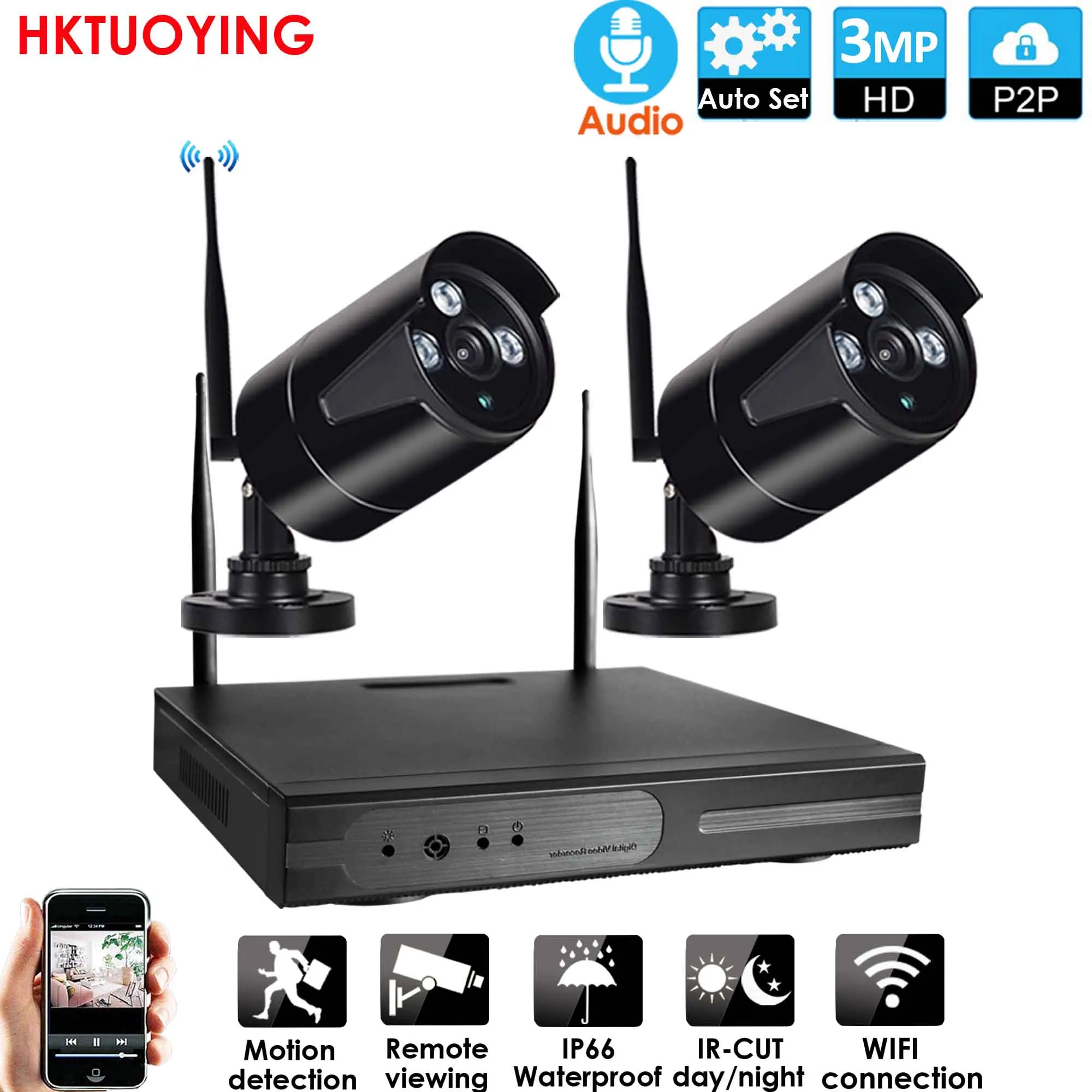 

2CH 3.0mP Audio HD Wireless NVR Kit P2P 3.0mP Indoor Outdoor IR Night Vision Security 3.0MP IP Audio Camera WIFI CCTV System