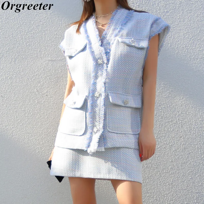 

High Street Tassel Tweed 2 Piece Set Women Plaid Pocket Vest Coat + High Waist Short Skirt Suits Ladies Two Piece Outfits