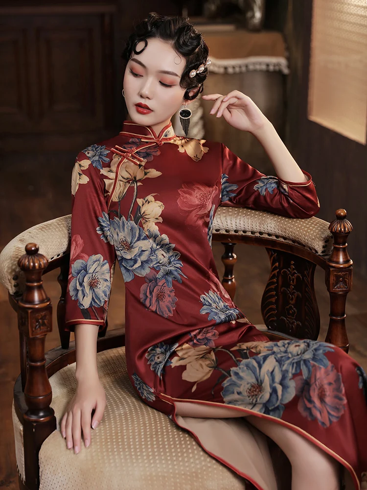 Восточное платье-Ципао с красным принтом большого размера, традиционное платье в китайском стиле