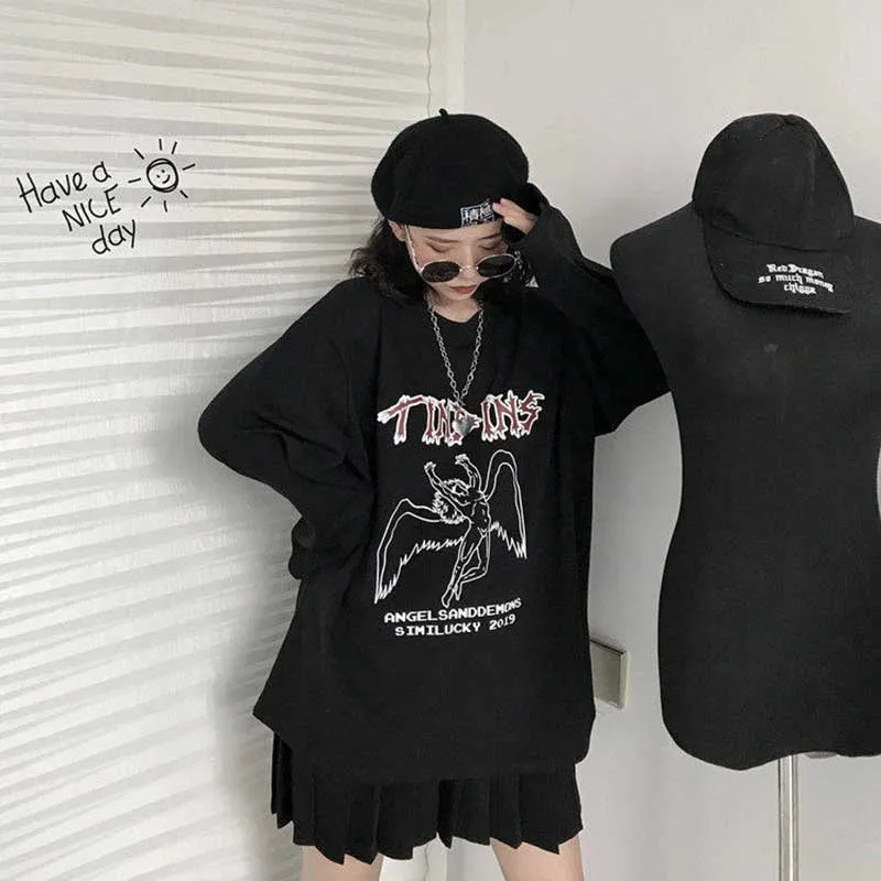 NiceMix весна корейский осень ulzzang Харадзюку улица хип-хоп Темный Ретро Ангел печать футболка ins модная свободная повседневная женская