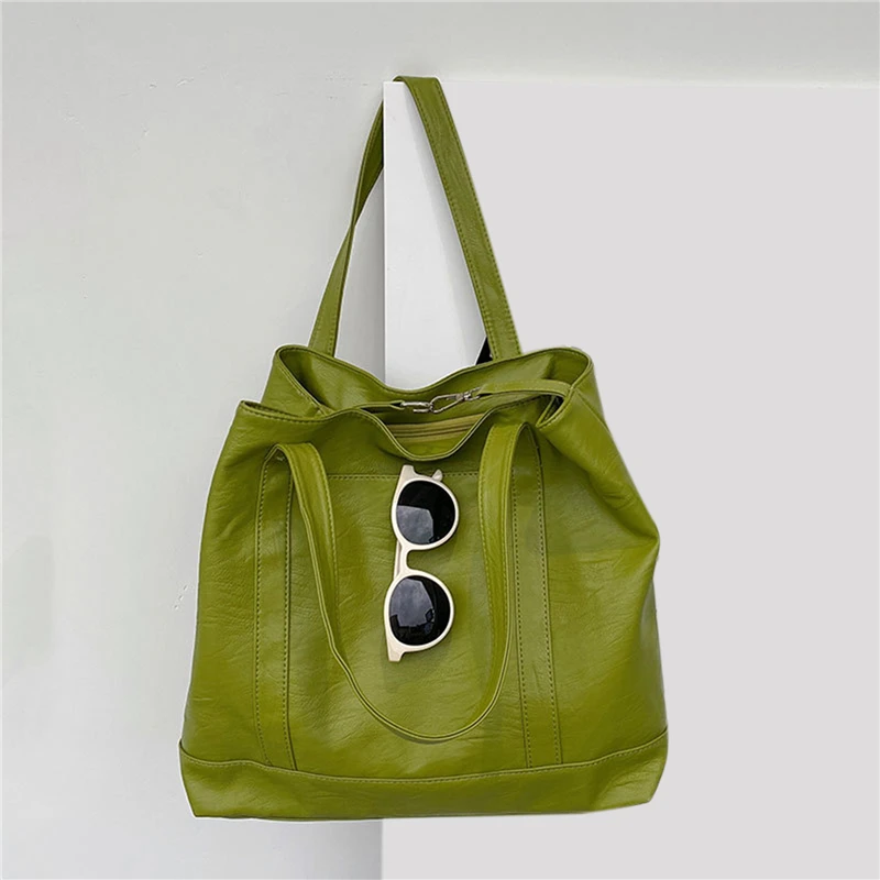 Women Large Soft Tote Bags For Ladies Shopper Handbags PU Leather Female Shoulder Summer 2021 Green White Retro | Багаж и сумки