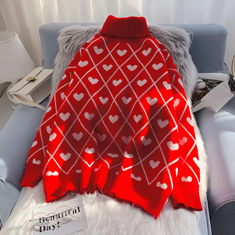 

Свитер EBAIHUI с узором ромбиками Женский пуловер в форме сердца с высоким воротником рождественские красные свитера оверсайз корейский Модны...