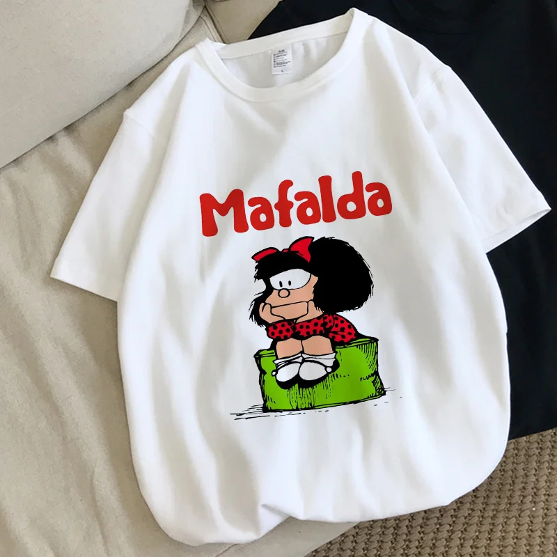

Футболка Mafalda женская с коротким рукавом, милая Модная рубашка в стиле Харадзюку, повседневный топ с рисунком, мультяшный рисунок, на лето