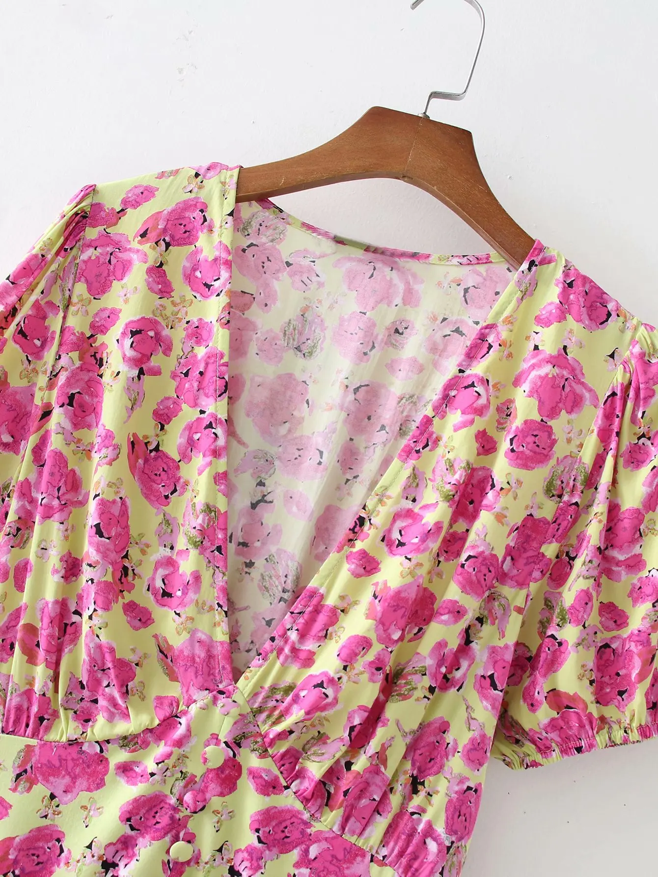 

Women Dress 2021 Summer Print Laminated Floral Print Pleated Midi Dress Vintage Puff Sleeve Elastic Waist Female Fashion Style