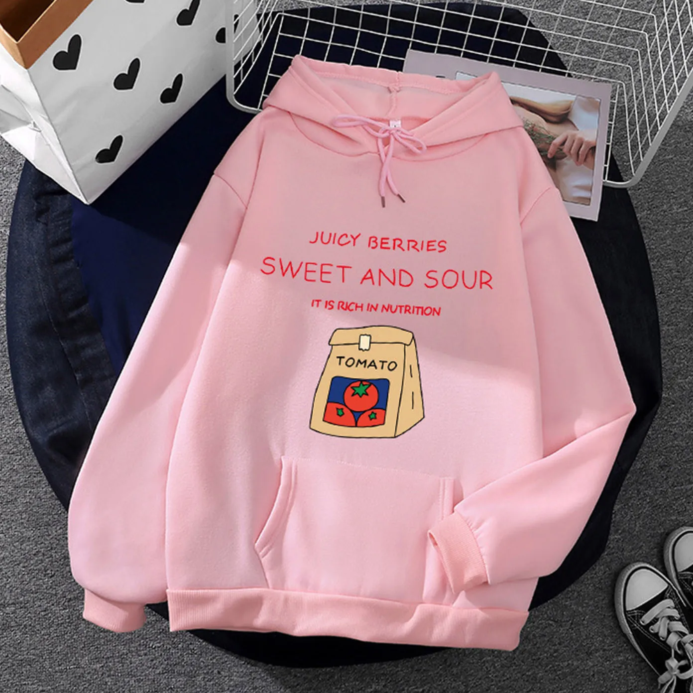 

Женская толстовка с капюшоном, милая Толстовка в стиле каваи с изображением томатов в Корейском стиле Харадзюку, мультяшная одежда в стиле ...