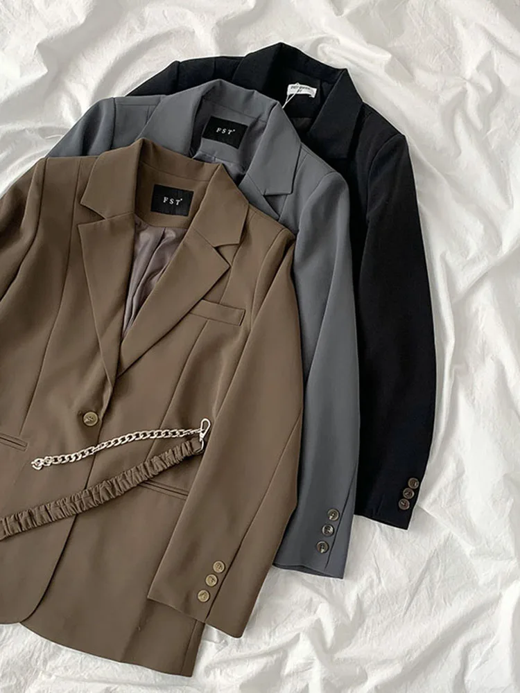 

Temperament Design Sense Brown Suit Jacket Spring And Autumn New Women's Long-sleeved Shirt Small Suit With Belt Blazer Women