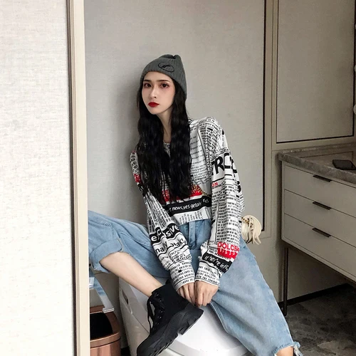 Женская одежда, осень, корейский стиль, футболка vogue, готический принт с буквами, Повседневный, негабаритный, длинный рукав, короткий топ, футболка femme - Цвет: Белый