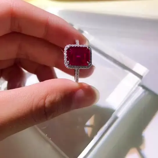 

2021 new S925 sterling silver 810 ring fashion simulation rectangular ruby ring retro wild wedding ring