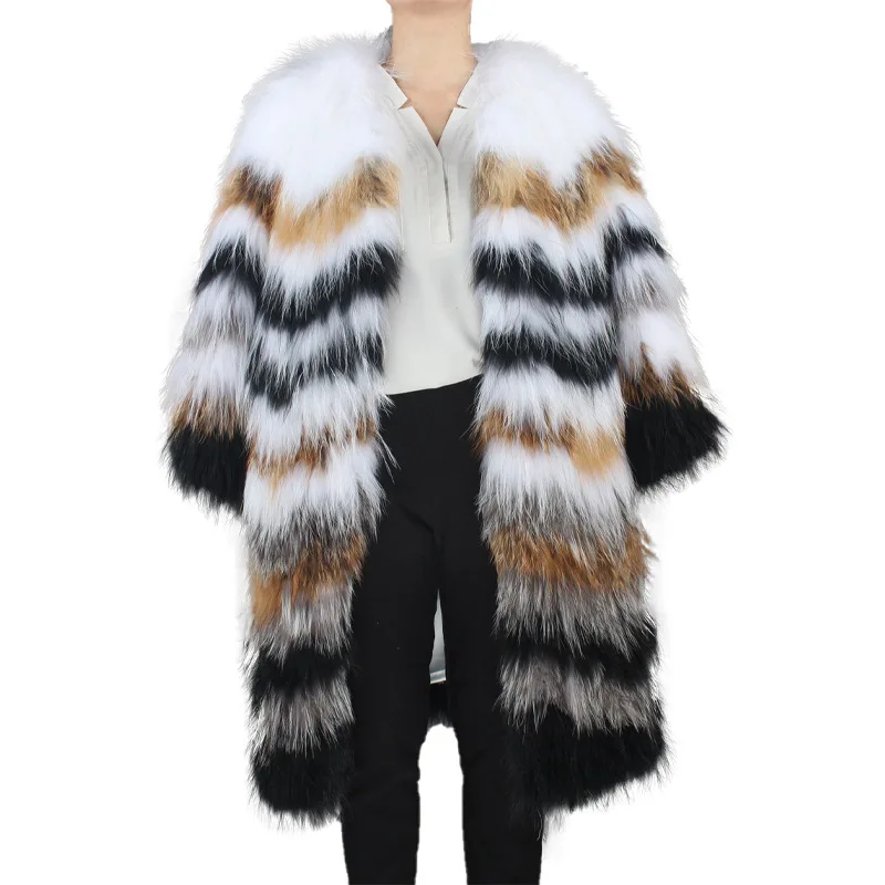 Winter Fashion Knitted Raccoon Fur Coats Femme Long Natural Fox Fur Coat Multicolor Jassen Bodywarmer Dames Outfit Traf Veste