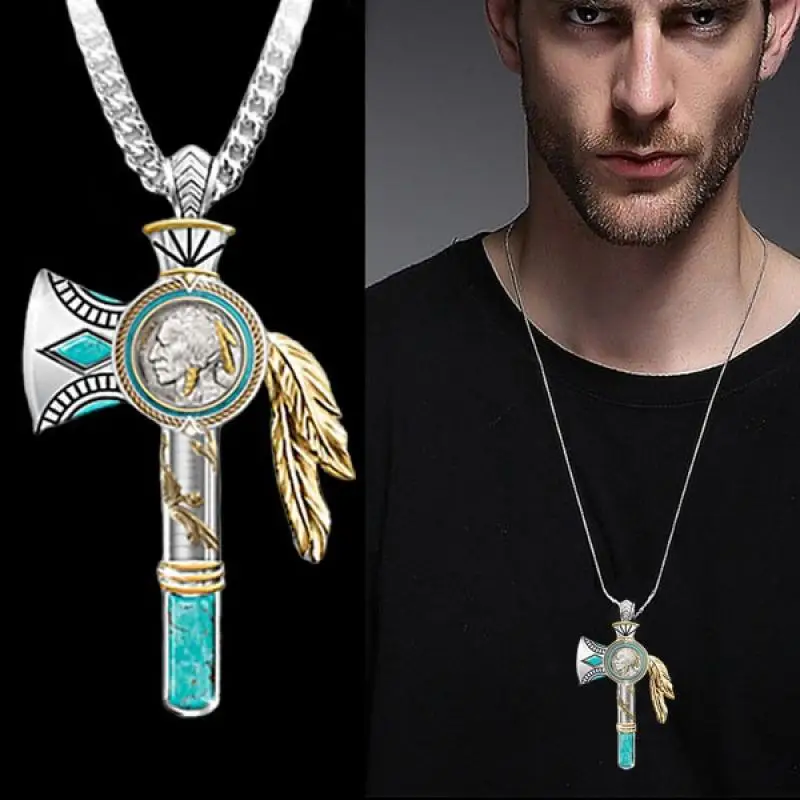 

Мужской винтажный топор, бриллиантовое ожерелье, индийское перо викингов, кулон в стиле панк, хип-хоп, уникальный уличный дизайн, ожерелье д...