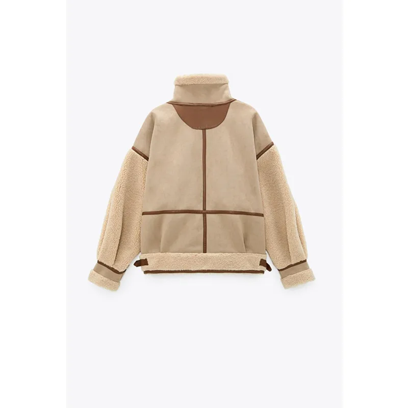 

Winter warm patchwork suede lamb wool wool motorcycle jacket coat chic loose faux leather coat top coat 2021 women's clothing