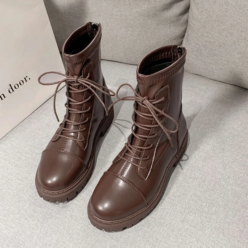 2021 Autumn Women's Boots Women's Round Toe Thick Sole Short Tube Lace-up Brown Ankle Boots Zapatos De Mujer Bayan Ayakkabi