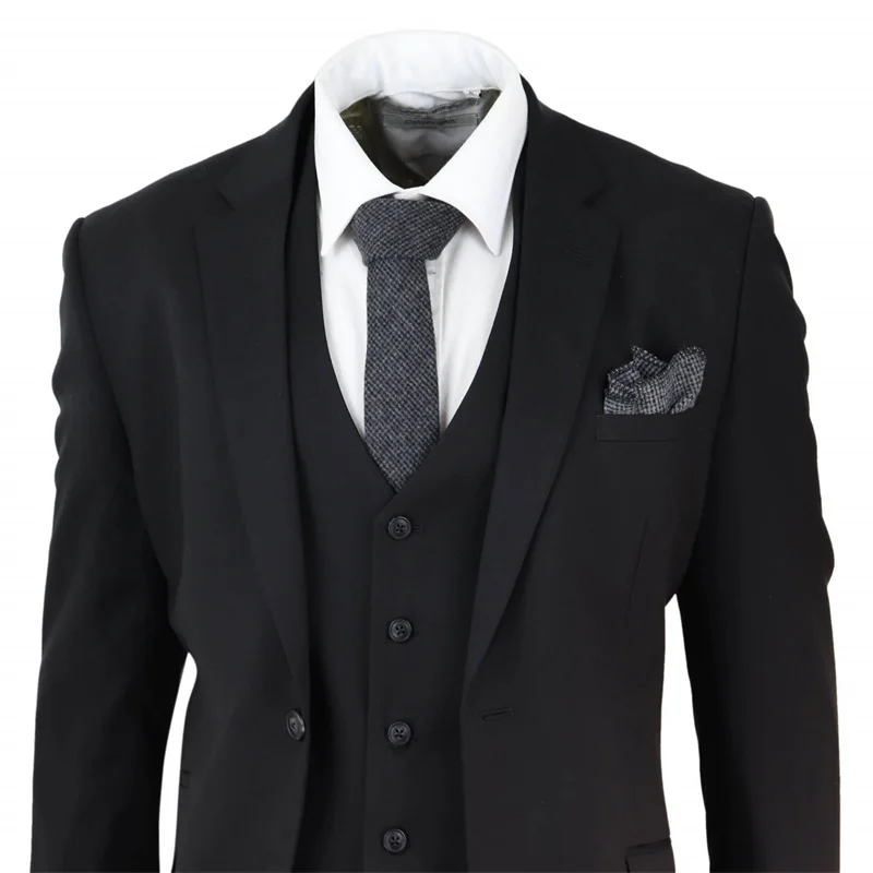 Black Mens Suit 3 Pieces Jacket Vest Pants Two Button Peaky Blinders Formal Groom Wear Best Man Suit Wedding Tuxedos