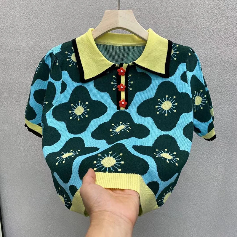 Свитер женский тонкий пуловер жаккардовый с цветочным узором и коротким рукавом