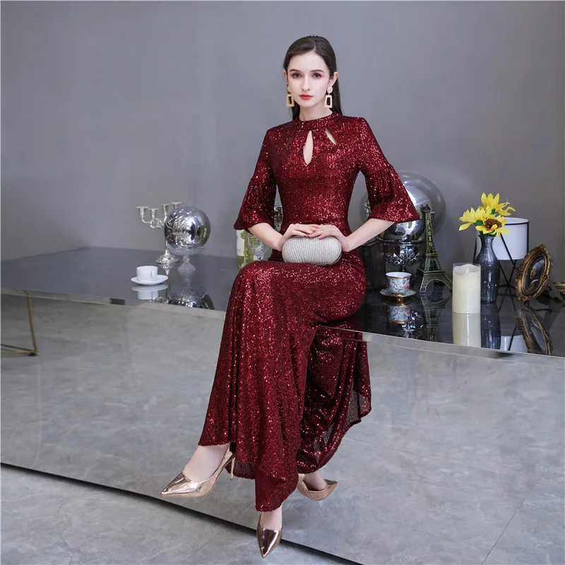 Milomi.CP винное вечернее платье с блестками О образным вырезом и рукавами