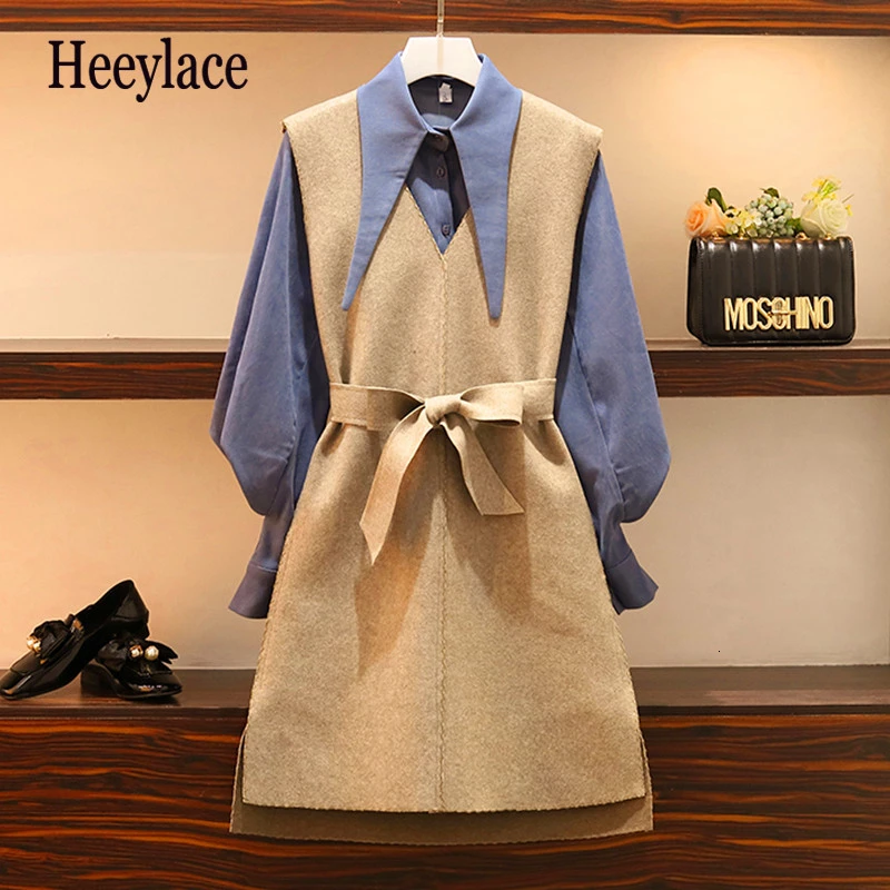 Женское платье из двух частей размера плюс осень 2019 винтажные рубашки с длинным