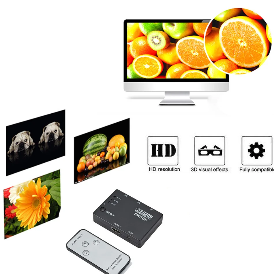 3x1 HDMI-compatible Splitter Adapter Hub Auto Switch 3 In 1 Out Switcher 1080P Remote Control for XBOX360 PS3 Projector HDTV | Электроника