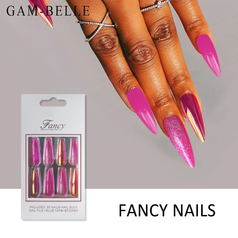 

GAM-BELLE 30 шт. голографические розовые блестящие накладные ногти французские длинные шпильки полное покрытие съемные красивые искусственные ...