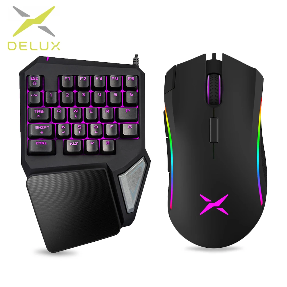 Delux Проводная игровая клавиатура T9 Pro с одной рукой и игровая мышь M625 PMW3360, комбинированный набор с RGB подсветкой для ПК и ноутбука