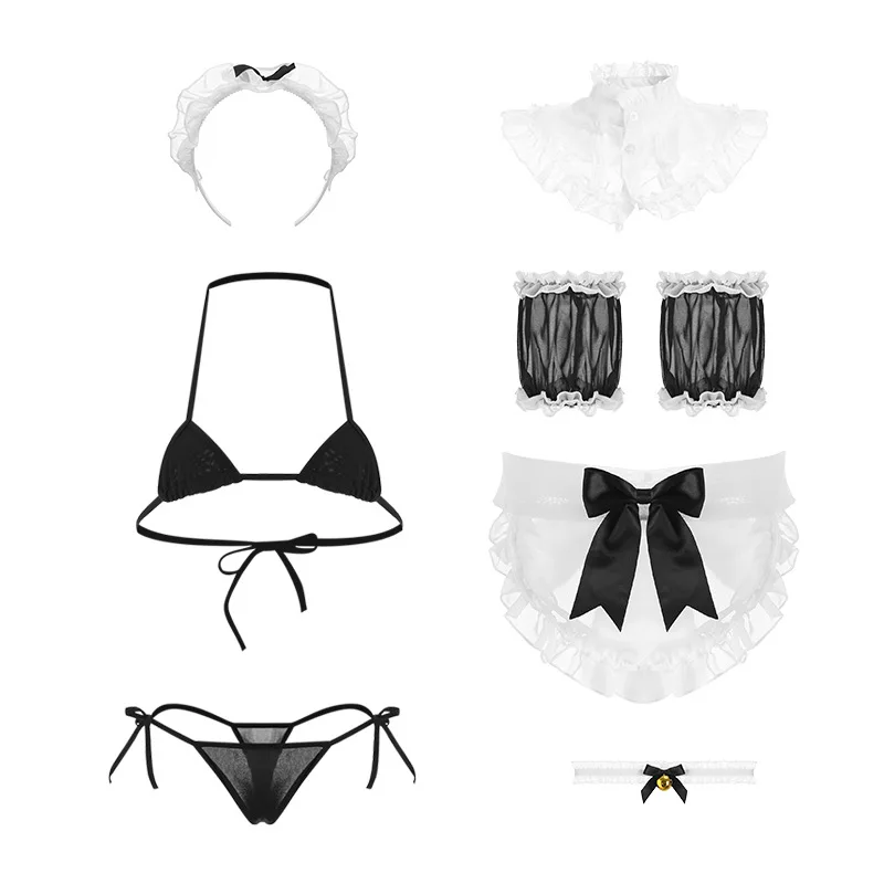 

Sexy Cute Lace Up Black and White Maid Dress Role Play Costume Tempting Hot Girl Bikini Set Perspective Erotic Lingerie Maid