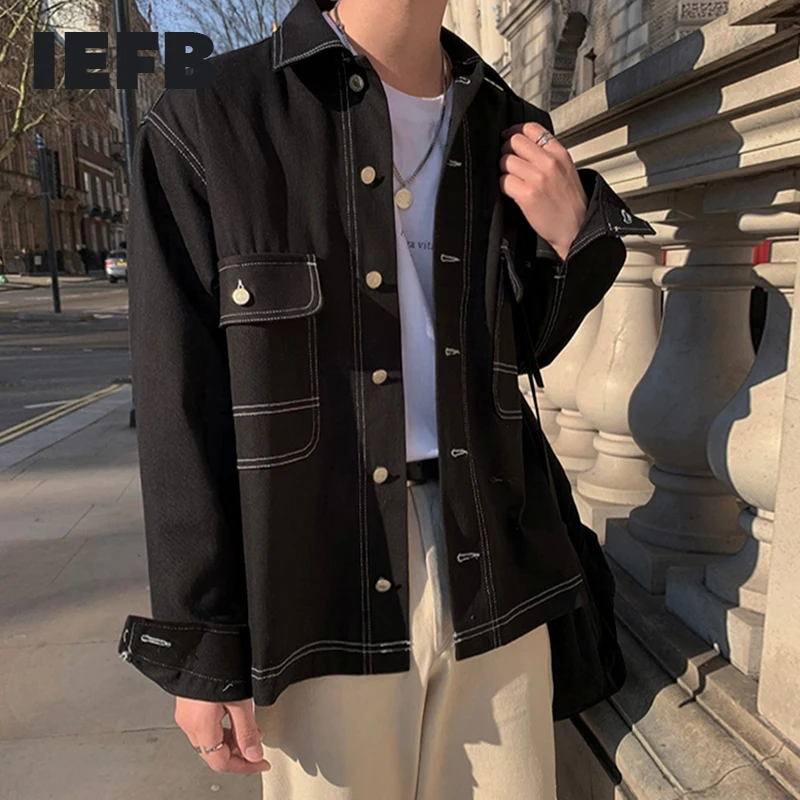 

IEFB Korean Fashion Causal Black Denim Jacket Men's 2021 New Autumn Loose Oversize Black Jeans Coat For Men Single Breast 9Y5803