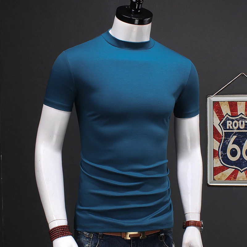 

Turtleneck Summer Men Little Short Sleeve T-shirt Double Mercerized Cotton Slim Fit Fashion Solid Black T Shirt