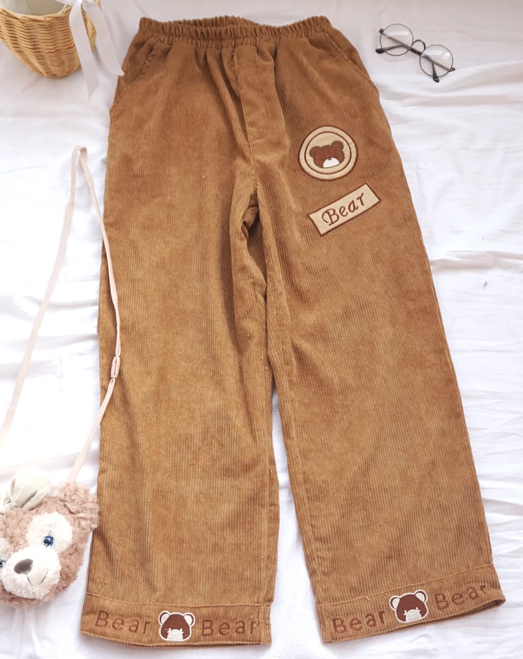 

New Japanese Autumn Fashion College Style Cartoon Bear Embroidery Corduroy Trousers Female Students Female Straight Casual Pants