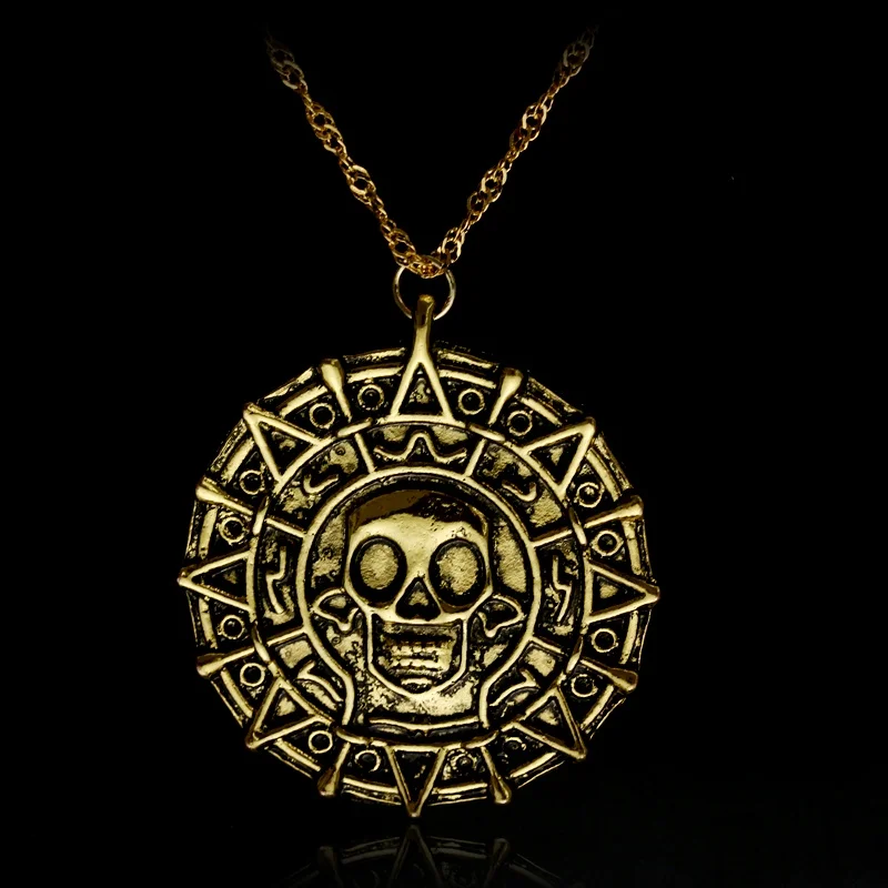 

Movie Pirates of The Caribbean Necklace Aztec Coin Vintage Gold Plated Captain Jack Sparrow Medallion Skull Pendant Necklaces