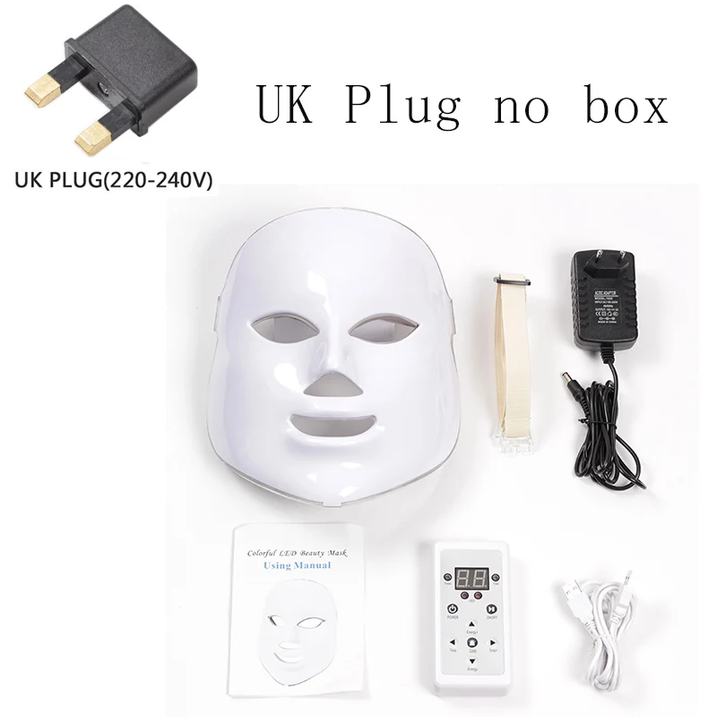UK Plug NO neck Маска led 7 цветов Светодиодная маска для лица светодиодная Корейская фотонная терапия маска для лица машинный светильник терапия маска для акне маска для шеи светодиодная маска для красоты - Цвет: UK Plug NO neck