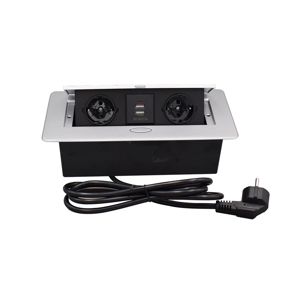 Блок питания с выдвижной крышкой Настольная розетка 2 евророзетками и USB из