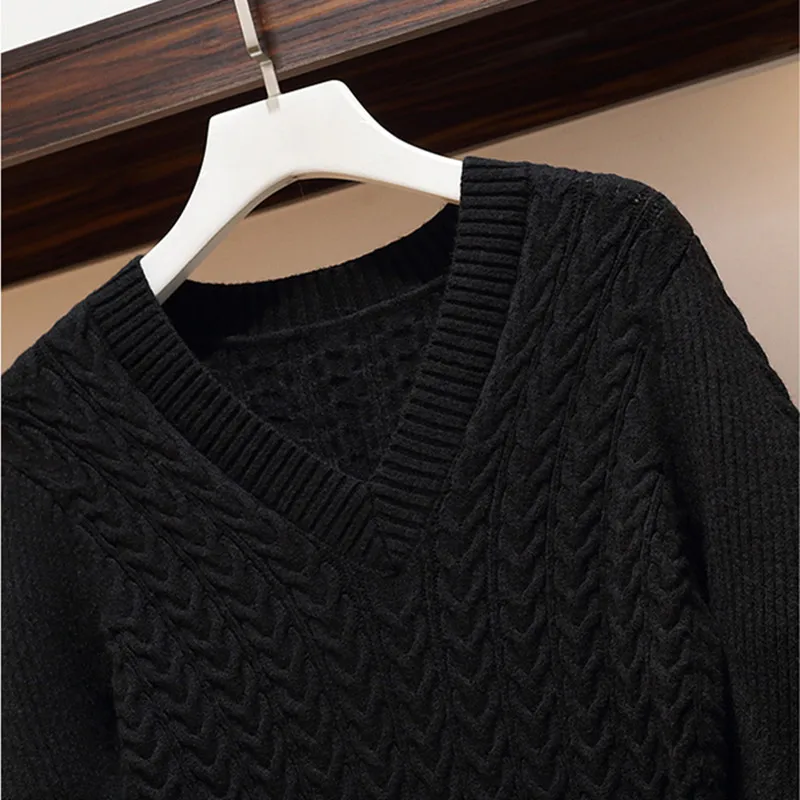 

New Autumn Winter Women V Neck Lantern Sleeve Sweater Dresses Plus Size Midi Knitted Dress Female Pullover Dress Vestidos L-4XL