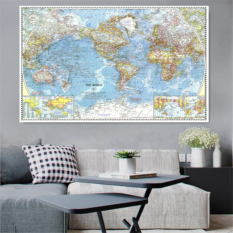 

225*150cm The World Map In 1960 Vintage Map Retro Poster Non-woven Canvas Painting Wall Decor School Supplies Home Decoration