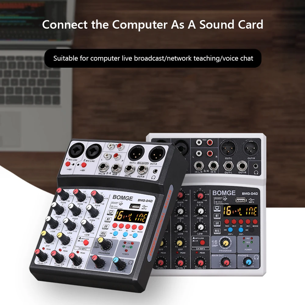 

4 Channels Audio Sound Mixer Mixing DJ Console Bluetooth USB Record Sound Card for Home Karaoke KTV with 48V Phantom Power 16 DS