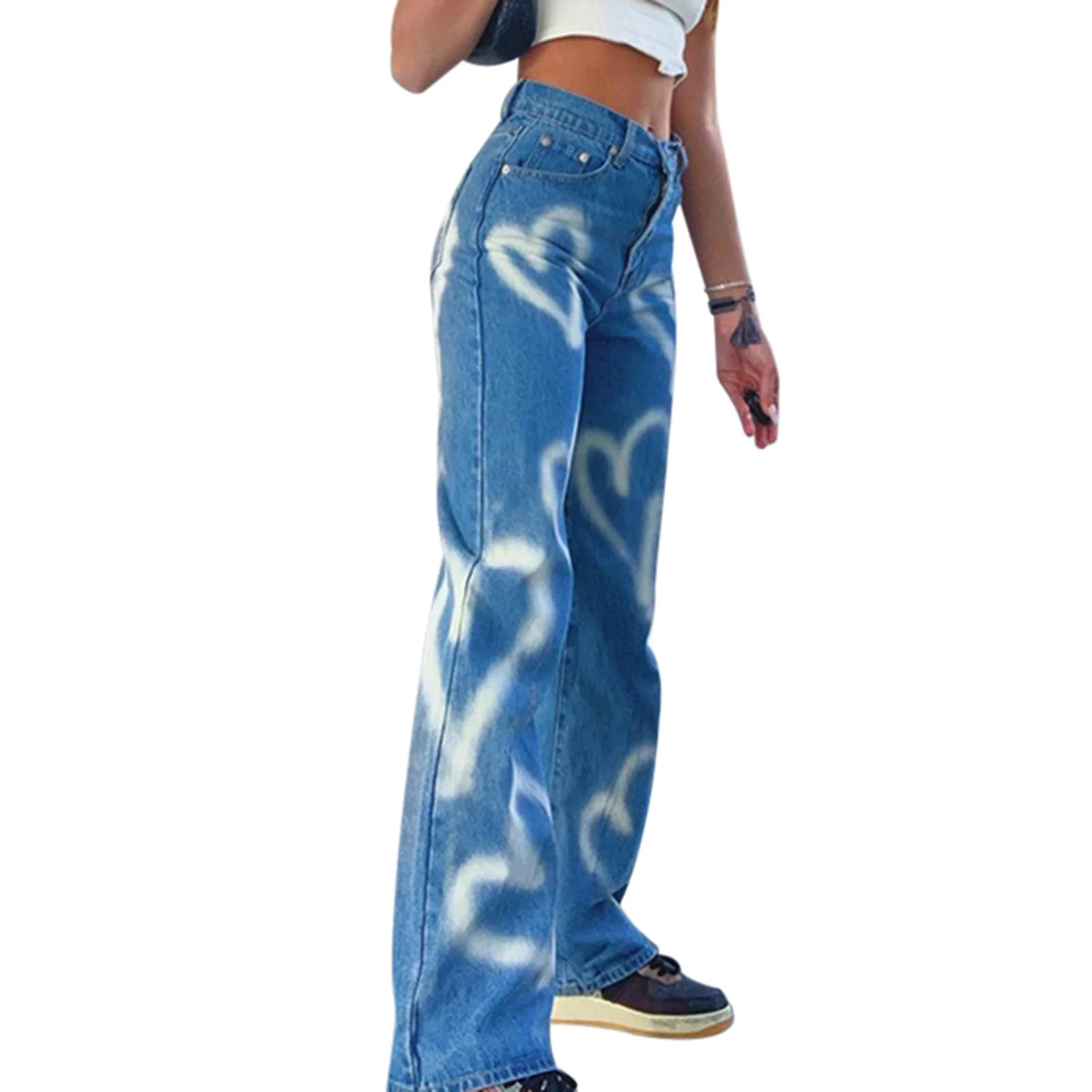 

Women High-Rise Slimming Love Graffiti Print Straight Jeans Casual Street Style J55