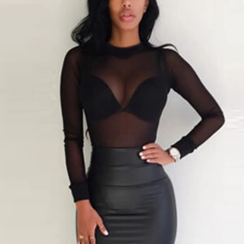 

Sexy Women T Shirt See Through Transparent Mesh Tops Long Sleeve Sheer Slim Ladies Turtleneck T-Shirt