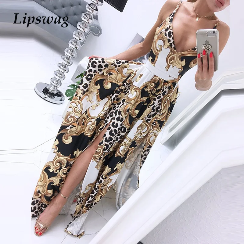 

2021 Casual Summer Vintage Print Sling Long Dress Lady Sexy V Neck Split Party Dress Fashion Women Sleeveless Maxi Beach Dresses