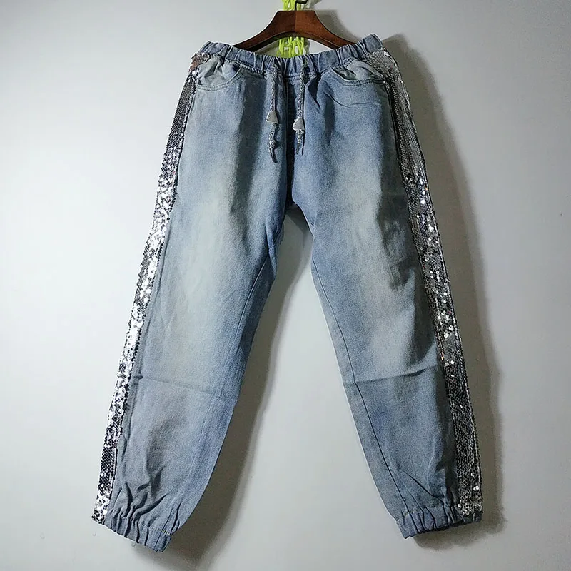 YingYuanFang новые модные весенние, Осенние 5XL женские жира мм мода slim с эластичной талией блестками джинсы Nine брюки