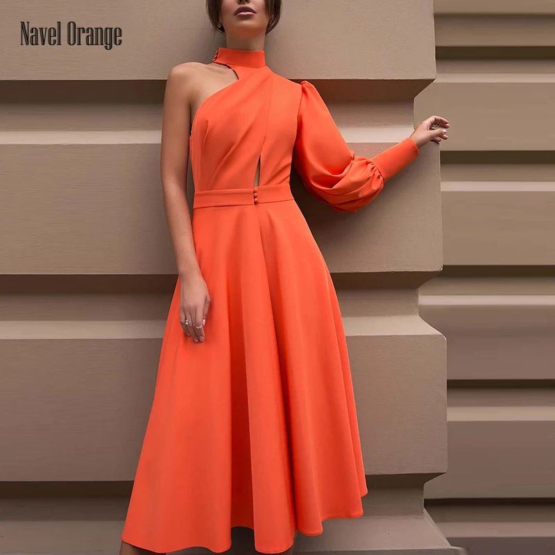 

Women Solid Half High Collar One Off Shoulder Party Dress Spring Autumn Sexy Hollow Out Zipper Ladies Dress Patchwork Streetwear