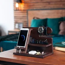 Wooden mobile phone holder multifunctional can hang watches, glasses, keys, accessories, desktop charging storage rack