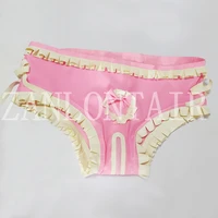 sexy exotic lingerie girl women handmade latex pink spliced white purfle lace pricess club party shorts underwear crotch zipper