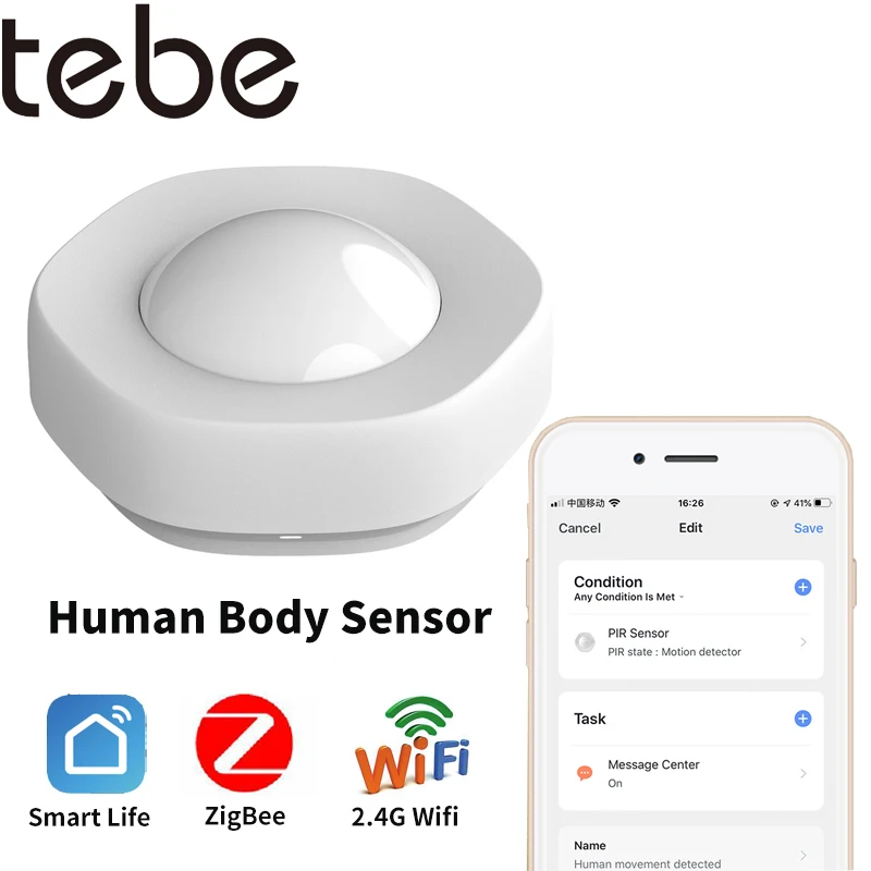 

tebe WiFi Human Body Sensor Intelligent Infrared Human Motion Sensor Zigbee Use With Gateway Tuya Smart Life App