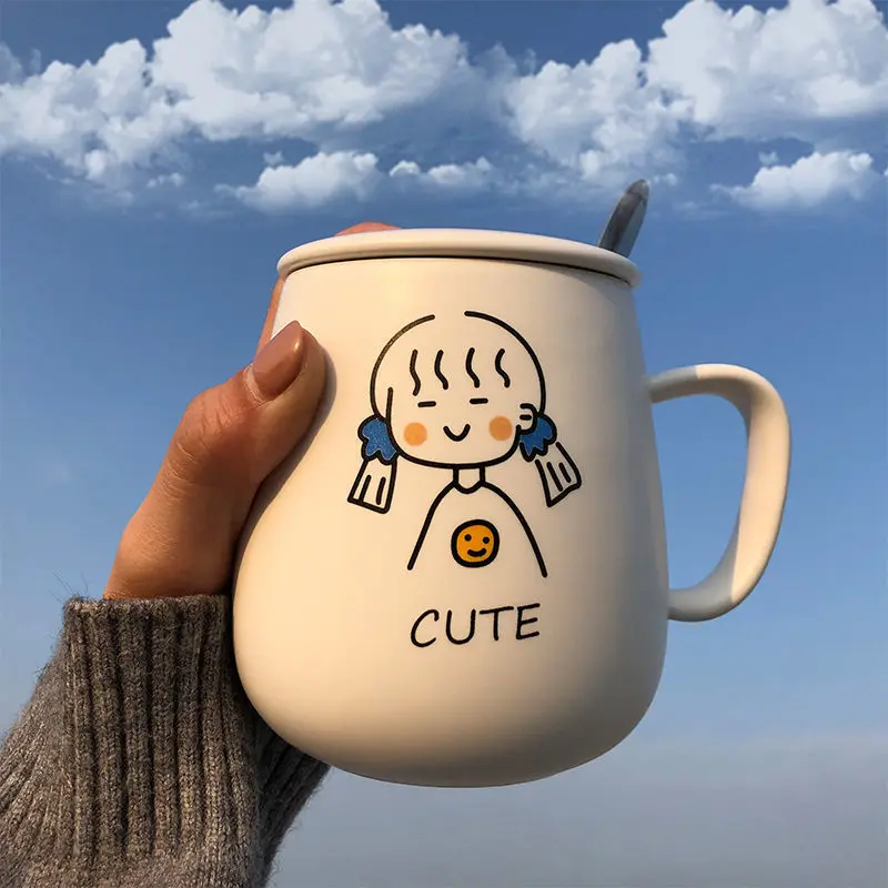 

Кружка с рисунком мальчика и девочки с крышкой и ложкой, креативная кружка для кофе для пары, чашка для молока, чая, сока, воды, керамическая ч...
