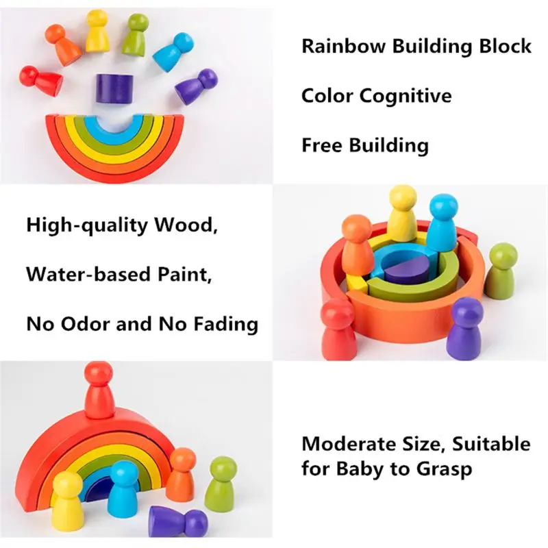 

Wooden Rainbow Bridge and Rainbow Figure Set Montessori Educational Toys Building Block for Kids Baby