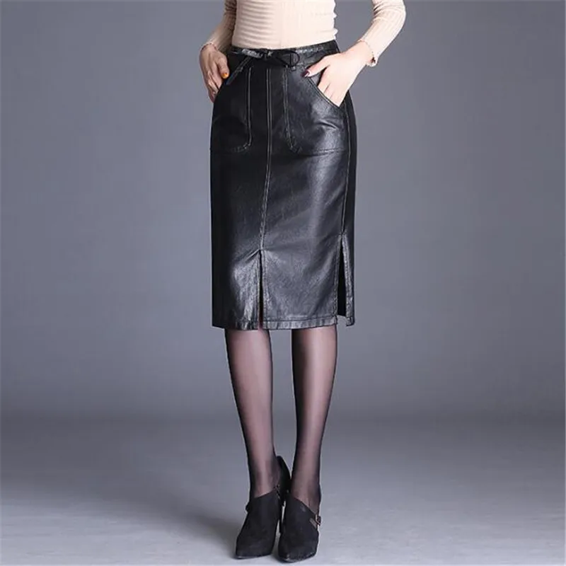 High Quality PU Leather Skirt Women 2019 Autumn Winter New Waist Fashion Skirts OL Office Lady One Step | Женская одежда
